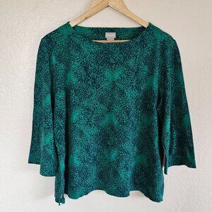 Chicos Womens Green & Black Patterned 3/4 Sleeve Top Size 3 XL Rayon Blend